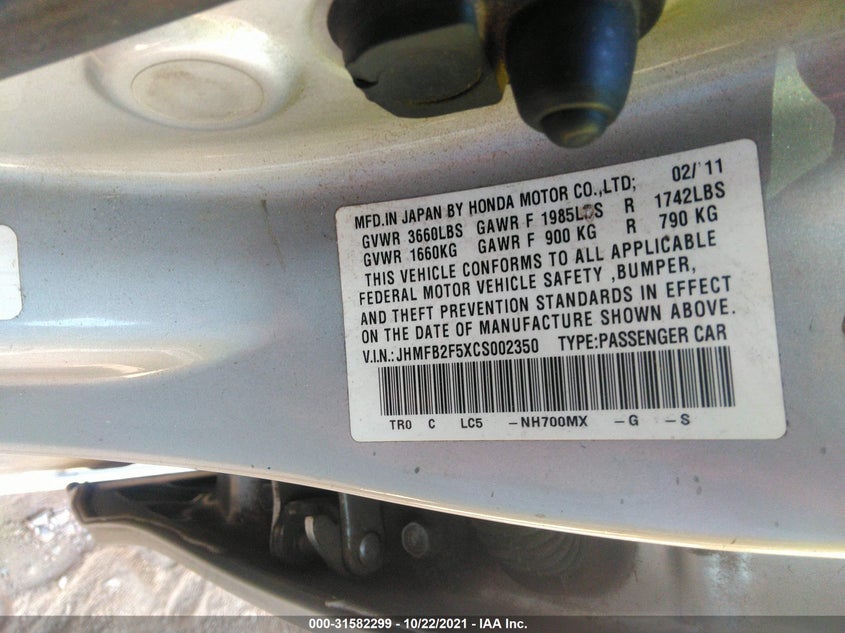 2012 HONDA CIVIC VIN: JHMFB2F5XCS002350