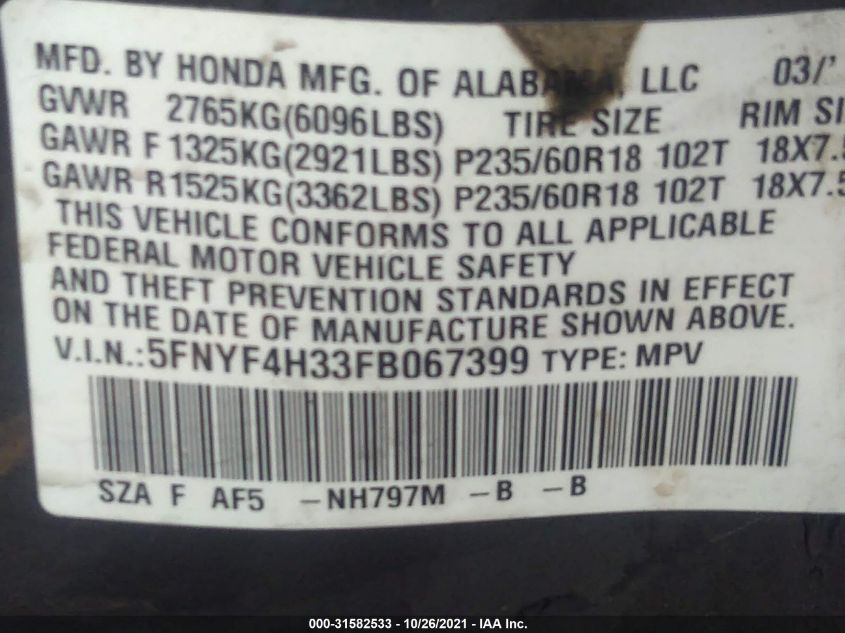 2015 HONDA PILOT SE 5FNYF4H33FB067399