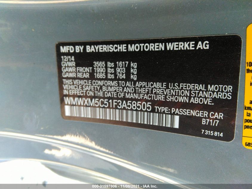 2015 MINI COOPER HARDTOP WMWXM5C51F3A58505