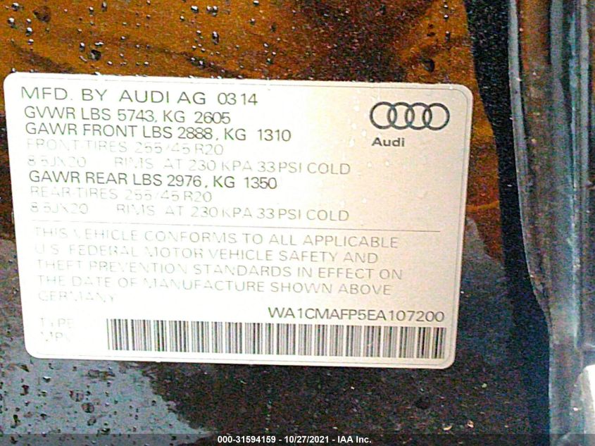 2014 AUDI Q5 PREMIUM PLUS WA1CMAFP5EA107200