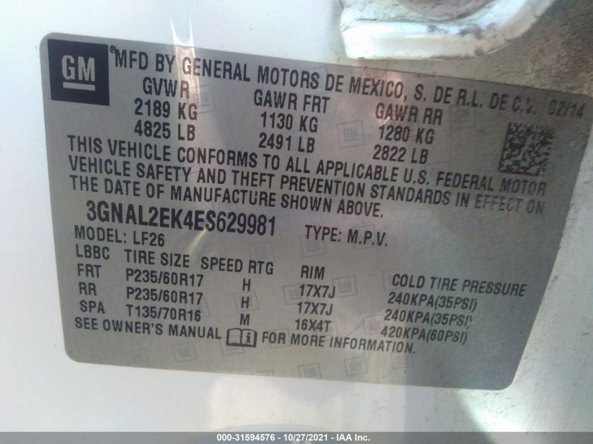 2014 CHEVROLET CAPTIVA SPORT FLEET LS 3GNAL2EK4ES629981