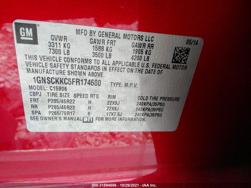 2015 CHEVROLET SUBURBAN LTZ 1GNSCKKC5FR174600