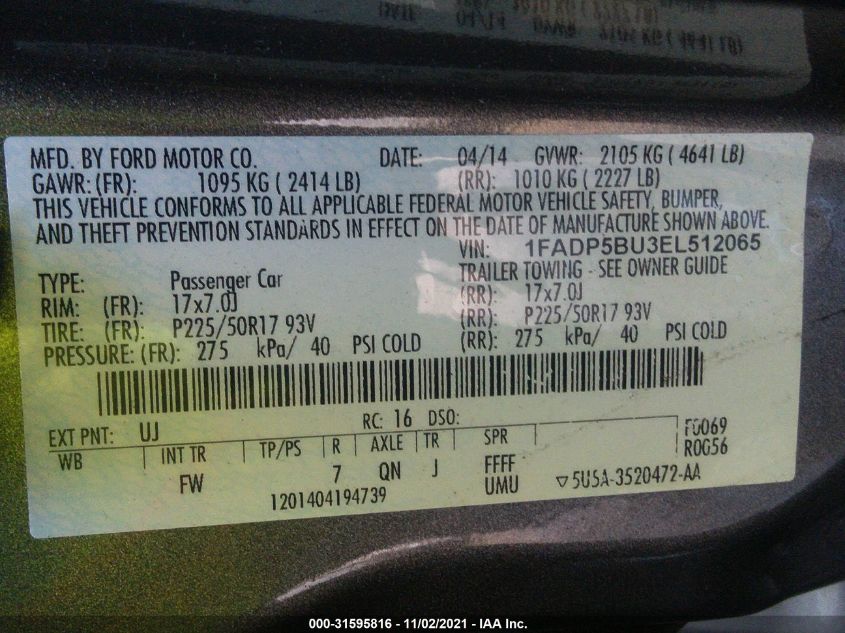 2014 FORD C-MAX HYBRID SEL 1FADP5BU3EL512065