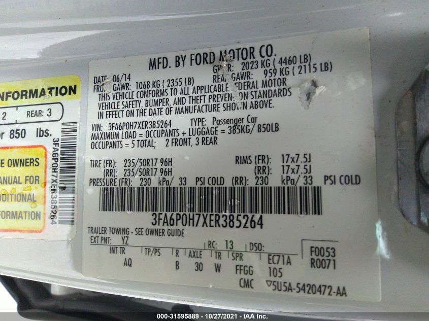 2014 FORD FUSION SE 3FA6P0H7XER385264