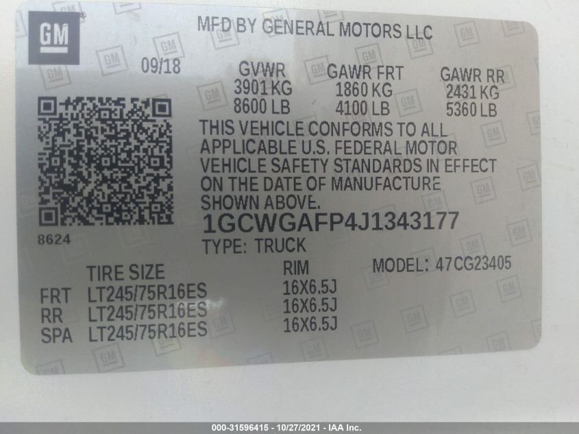 2018 CHEVROLET EXPRESS CARGO VAN 1GCWGAFP4J1343177