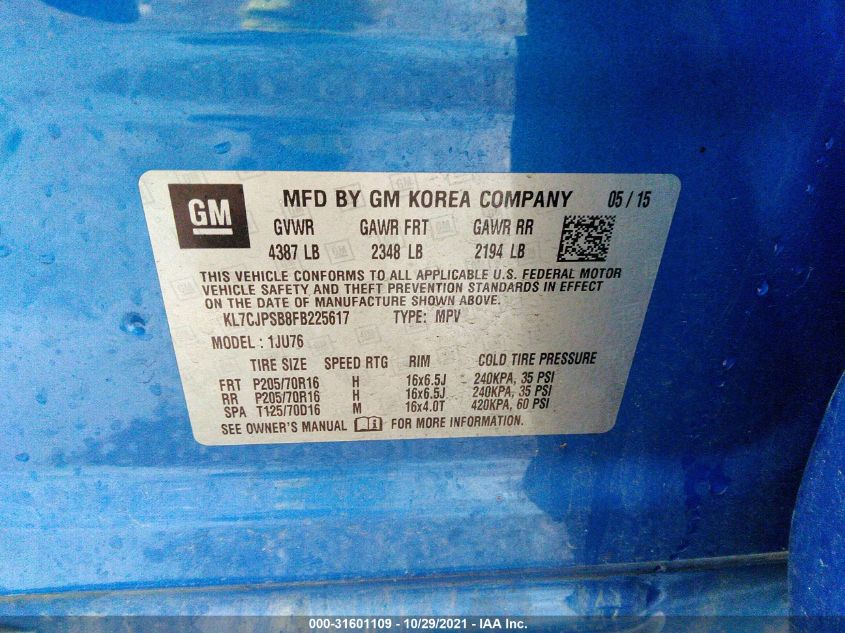 2015 CHEVROLET TRAX LS KL7CJPSB8FB225617