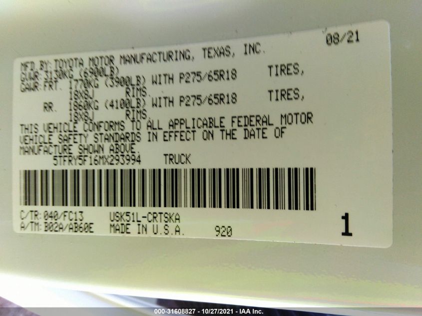 2021 TOYOTA TUNDRA 2WD SR/SR5 5TFRY5F16MX293994