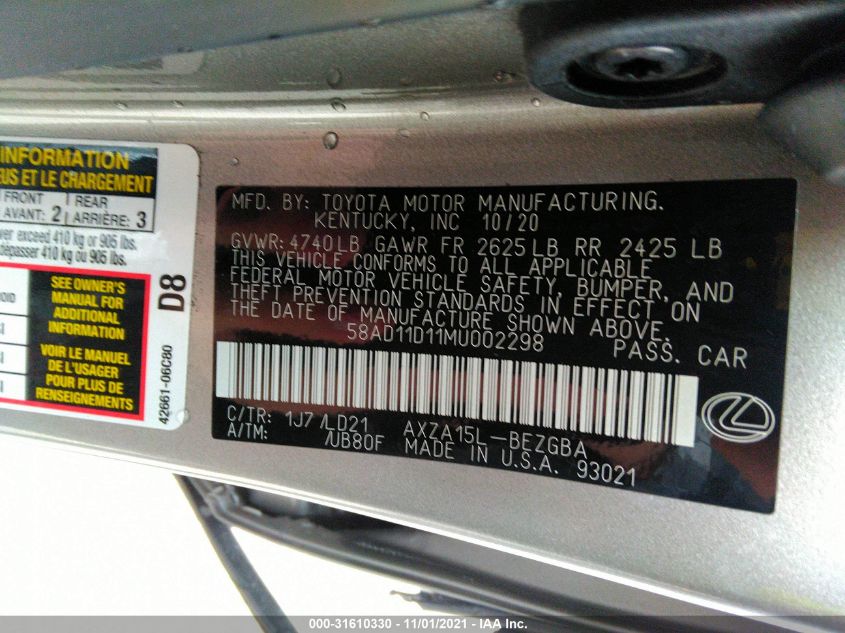 2021 LEXUS ES ES 250 58AD11D11MU002298