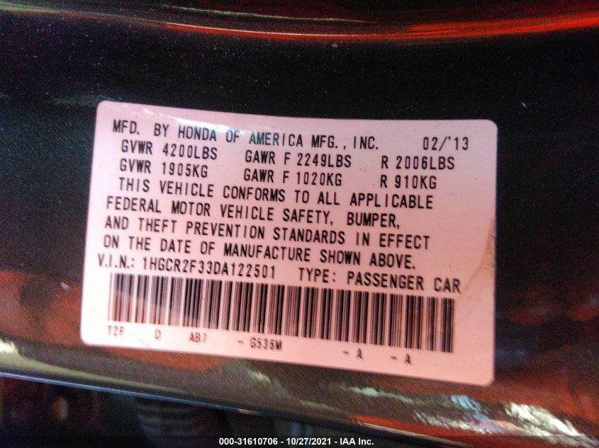 2013 HONDA ACCORD SDN LX 1HGCR2F33DA122501