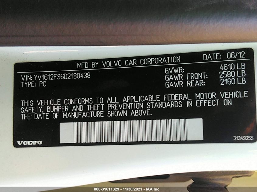2013 VOLVO S60 T5 YV1612FS6D2180438