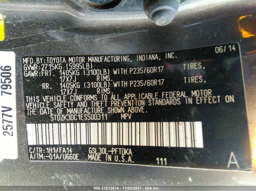 2014 TOYOTA SIENNA L V6 7 PASSENGER 5TDZK3DC1ES500311
