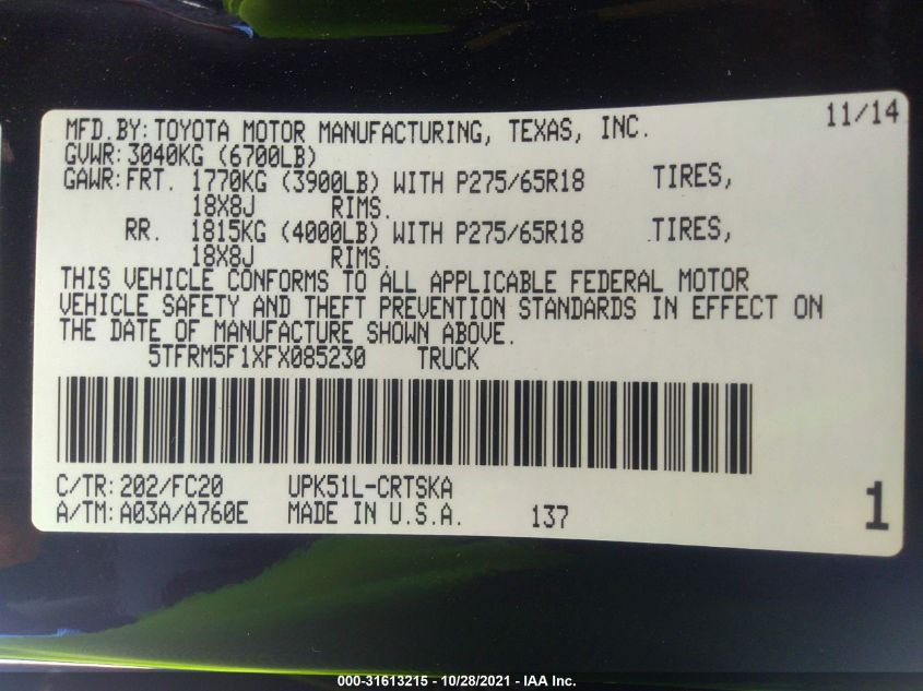 2015 TOYOTA TUNDRA 2WD TRUCK SR/SR5 5TFRM5F1XFX085230