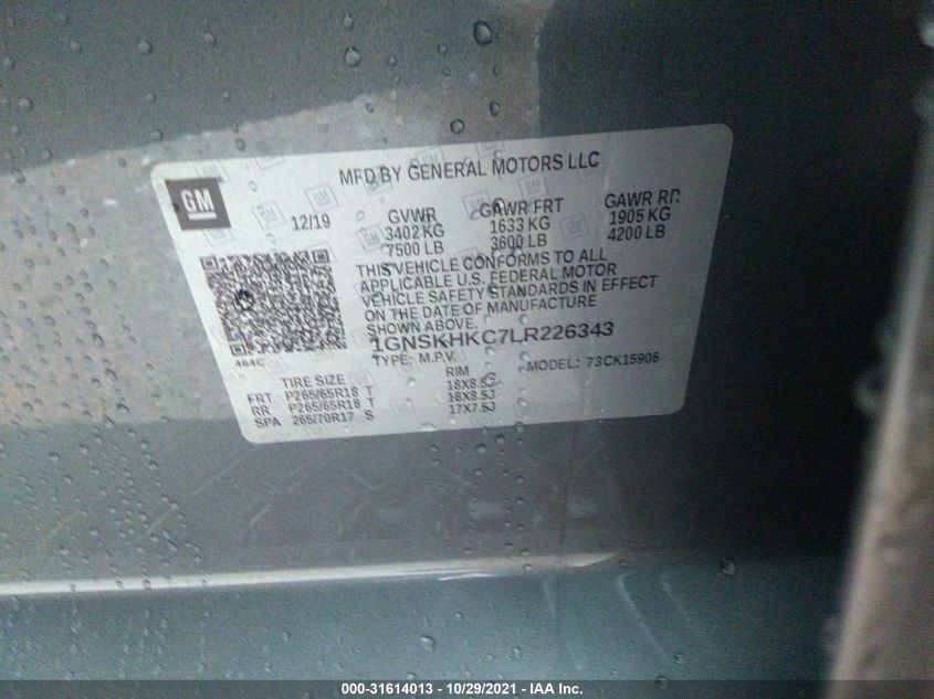 2020 CHEVROLET SUBURBAN LT 1GNSKHKC7LR226343