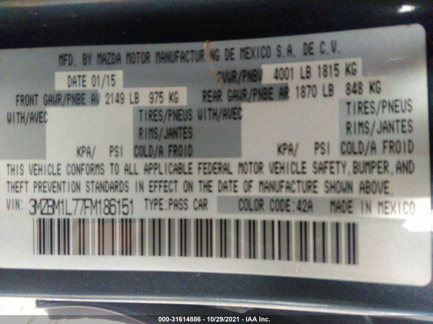 2015 MAZDA MAZDA3 I TOURING 3MZBM1L77FM186151