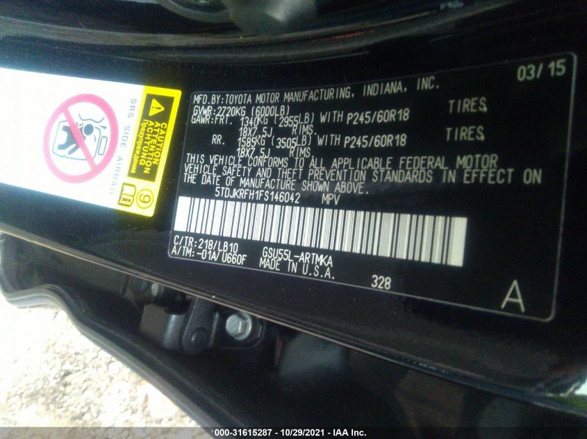 2015 TOYOTA HIGHLANDER XLE 5TDJKRFH1FS146042