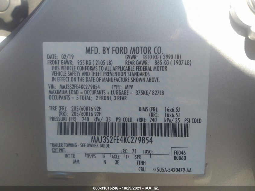 2019 FORD ECOSPORT S MAJ3S2FE4KC279854
