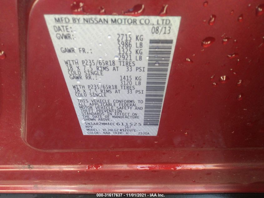 2014 NISSAN PATHFINDER SL 5N1AR2MM4EC611525