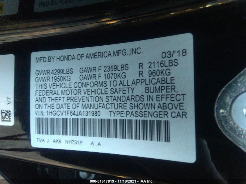 2018 HONDA ACCORD SEDAN EX-L NAVI 1.5T 1HGCV1F64JA131980