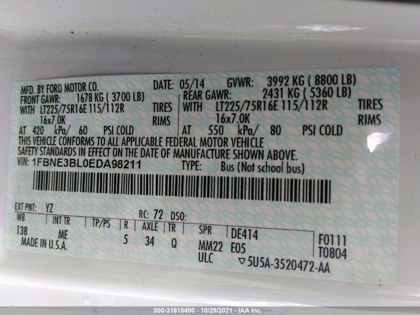 2014 FORD ECONOLINE WAGON XLT 1FBNE3BL0EDA98211