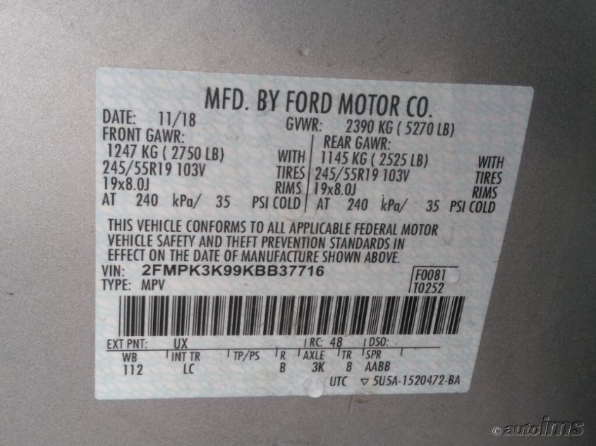 2FMPK3K99KBB37716 2019 FORD EDGE, photo no. 6