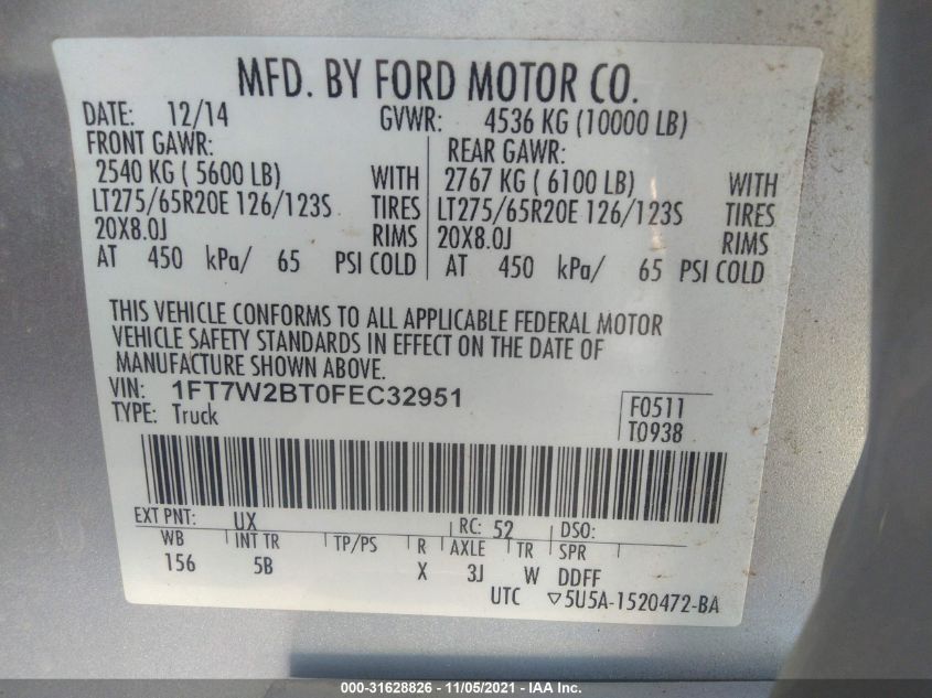 2015 FORD SUPER DUTY F-250 SRW LARIAT/PLATINUM 1FT7W2BT0FEC32951