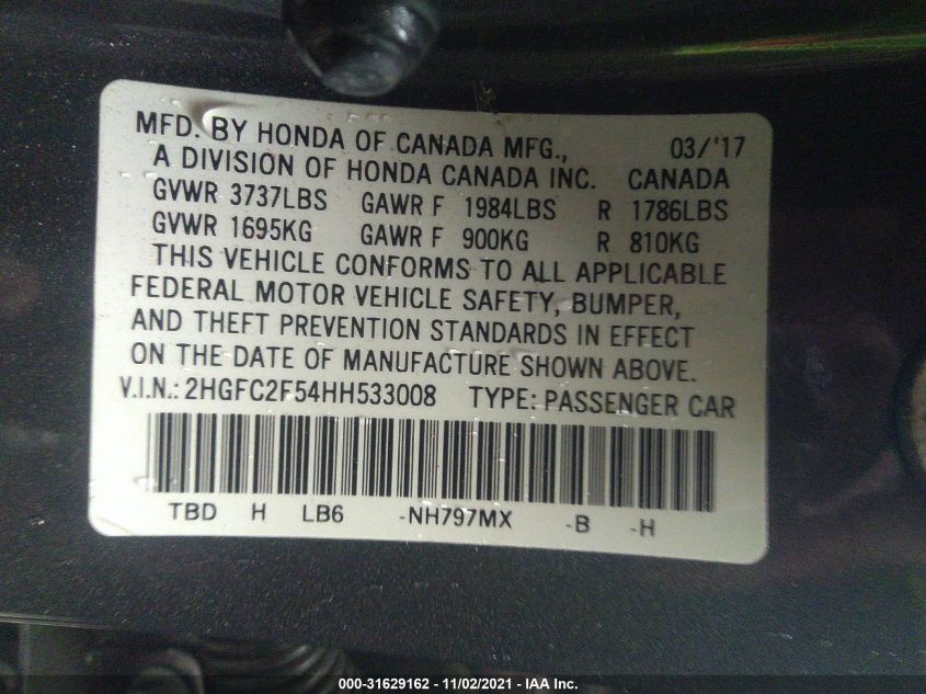 2017 HONDA CIVIC SEDAN LX 2HGFC2F54HH533008