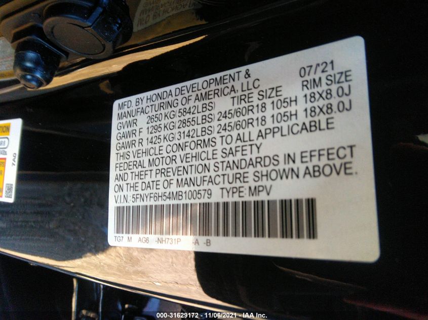 2021 HONDA PILOT EX-L 5FNYF6H54MB100579