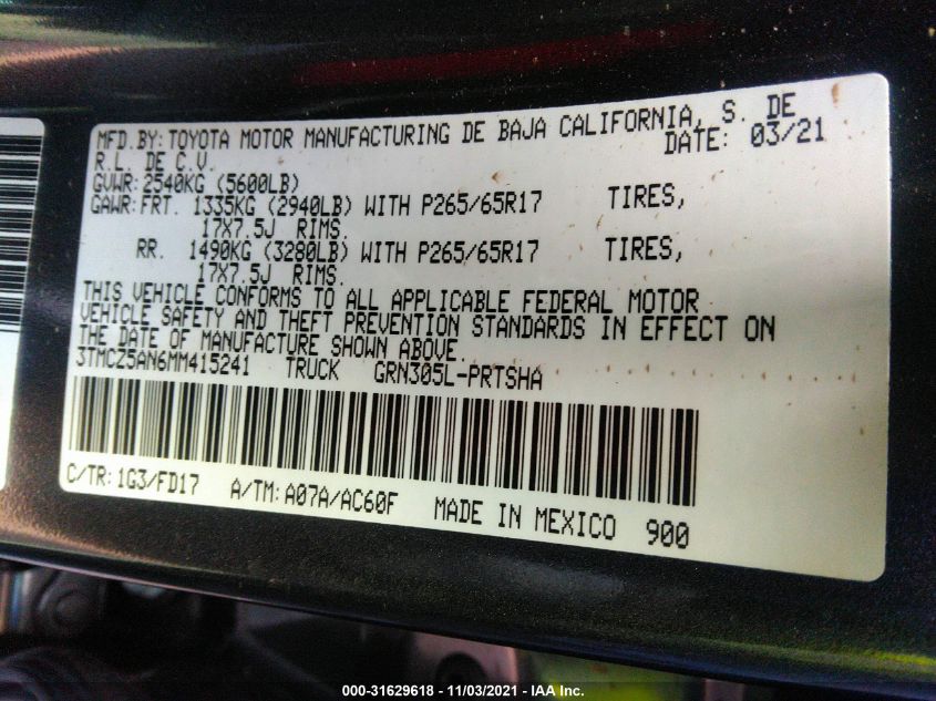 2021 TOYOTA TACOMA 4WD SR/SR5/TRD SPORT 3TMCZ5AN6MM415241