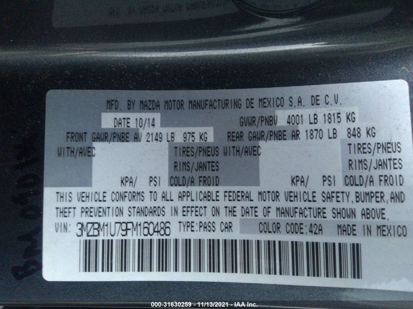 2015 MAZDA MAZDA3 I SPORT 3MZBM1U79FM160486