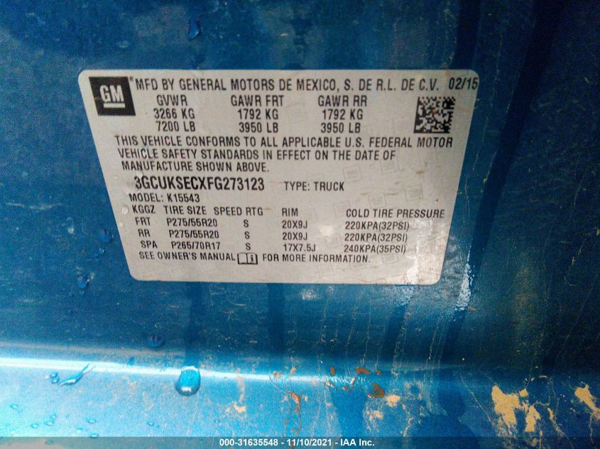 2015 CHEVROLET SILVERADO 1500 LTZ 3GCUKSECXFG273123