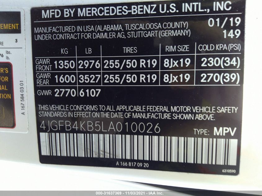2020 MERCEDES-BENZ GLE GLE 350 4JGFB4KB5LA010026