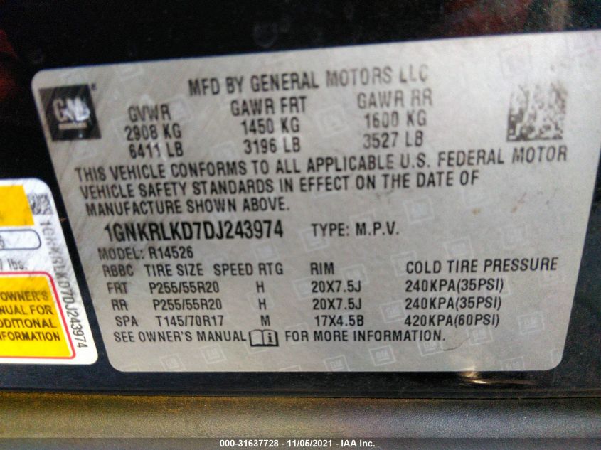 2013 CHEVROLET TRAVERSE LTZ 1GNKRLKD7DJ243974