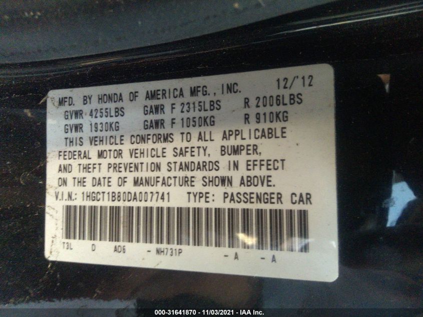 2013 HONDA ACCORD CPE EX-L 1HGCT1B80DA007741