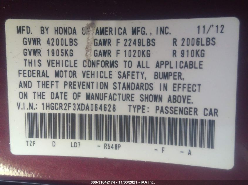 2013 HONDA ACCORD SDN LX 1HGCR2F3XDA064628