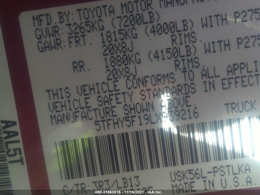 2020 TOYOTA TUNDRA 4WD LIMITED 5TFHY5F19LX939216