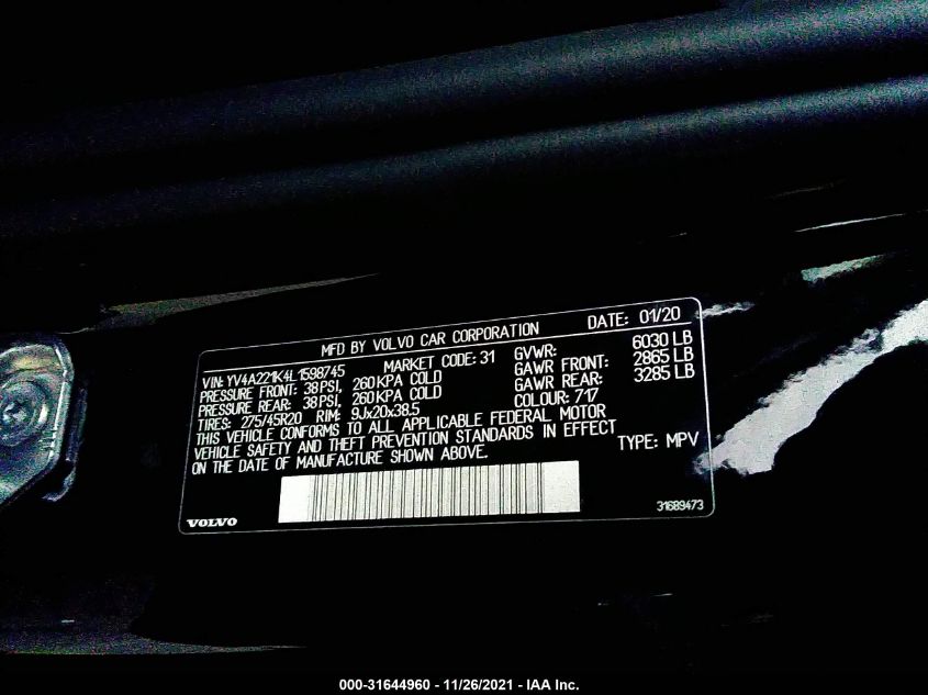 2020 VOLVO XC90 MOMENTUM YV4A221K4L1598745