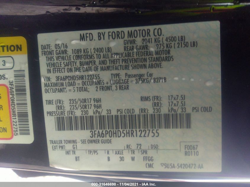 2017 FORD FUSION SE 3FA6P0HD5HR122755