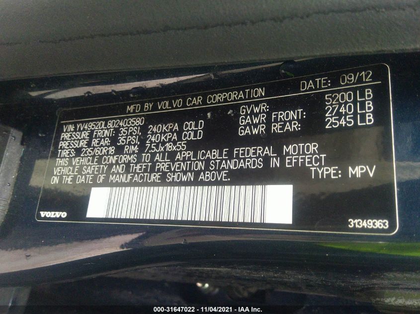 2013 VOLVO XC60 3.2L YV4952DL8D2403580