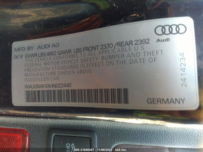 2017 AUDI A4 PREMIUM WAUGNAF4XHN022440