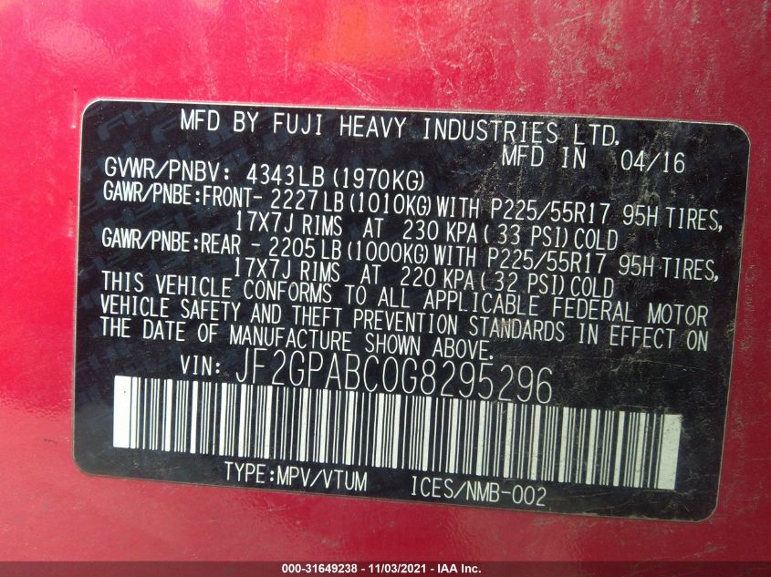 2016 SUBARU CROSSTREK PREMIUM JF2GPABC0G8295296