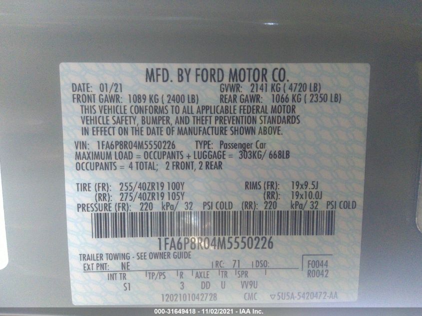 Auction sale of the 2021 FORD MUSTANG , vin: 1FA6P8R04M5550226, lot number: 31649418