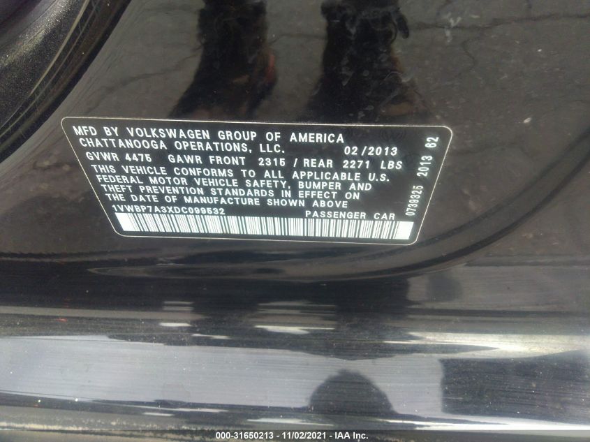 2013 VOLKSWAGEN PASSAT SE W/SUNROOF 1VWBP7A3XDC099532