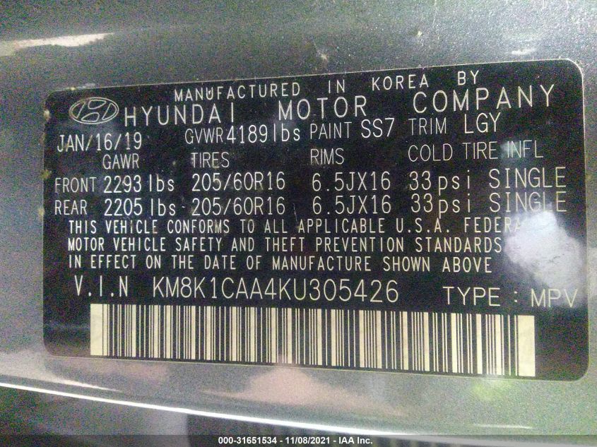2019 HYUNDAI KONA SE KM8K1CAA4KU305426
