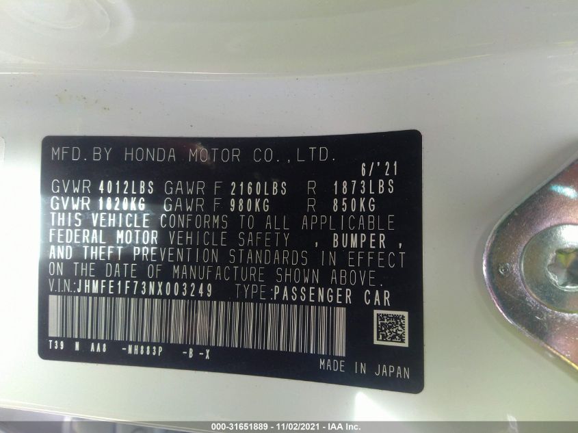 2022 HONDA CIVIC SEDAN EX JHMFE1F73NX003249