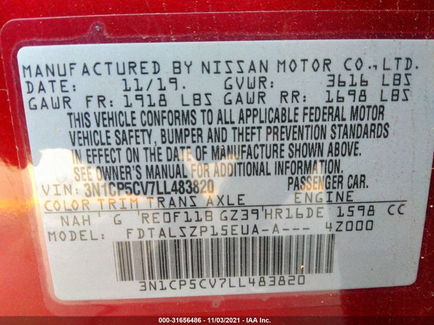 2020 NISSAN KICKS SV 3N1CP5CV7LL483820