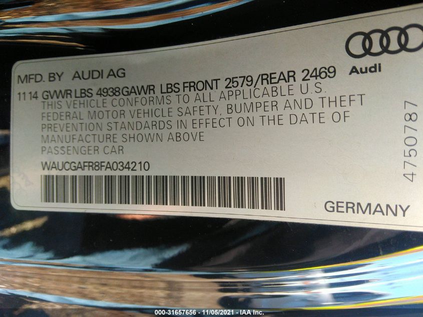 2015 AUDI S5 PREMIUM PLUS WAUCGAFR8FA034210