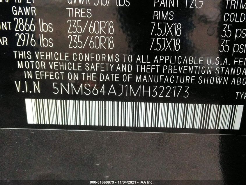 2021 HYUNDAI SANTA FE SEL 5NMS64AJ1MH322173