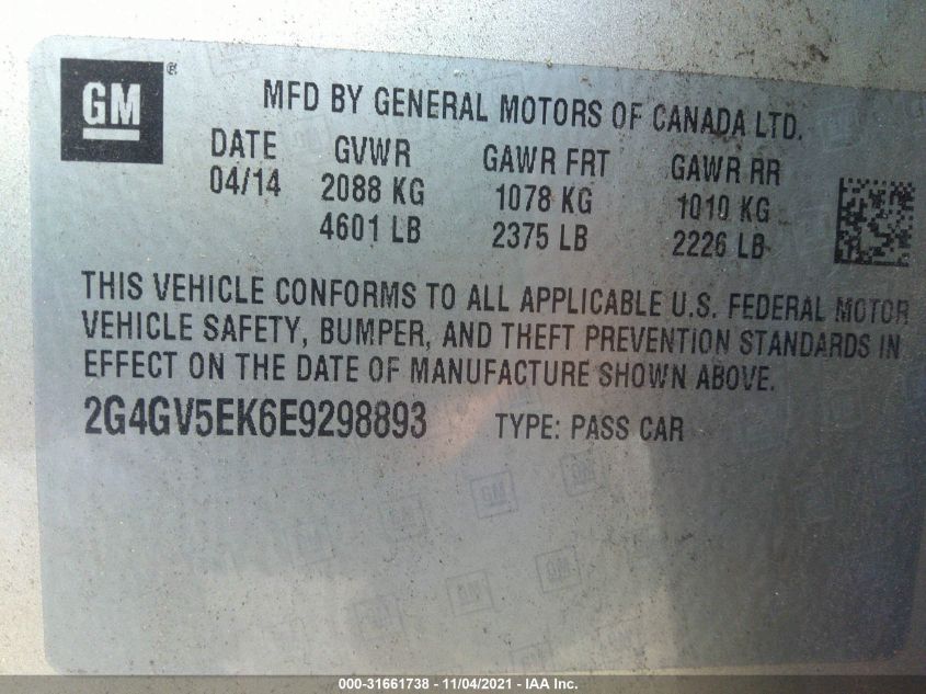 2014 BUICK REGAL 2G4GV5EK6E9298893