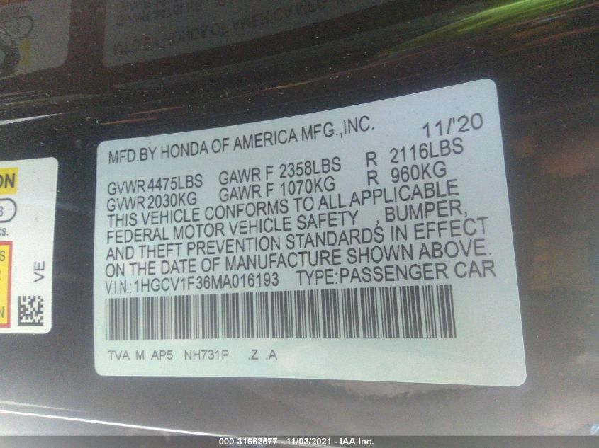 2021 HONDA ACCORD SEDAN SPORT 1HGCV1F36MA016193