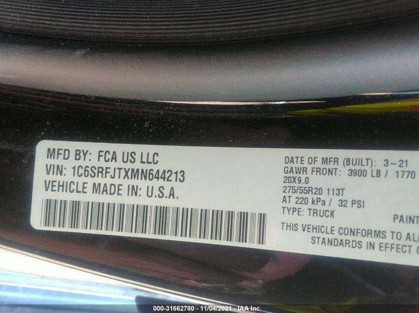 2021 RAM 1500 LARAMIE 1C6SRFJTXMN644213
